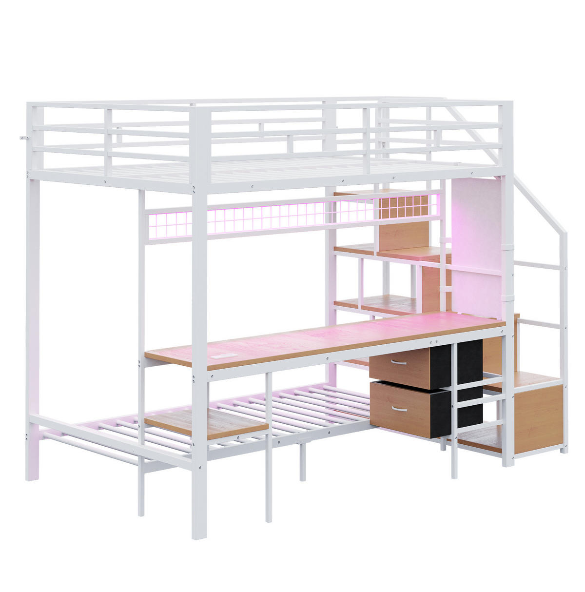 HOCHBETT 140/200 & 90/200 cm aus Metall/MDF mit Schreibtisch, LED und Stauraum Weiß - Weiß, Metall (140/200cm) - Modenvie