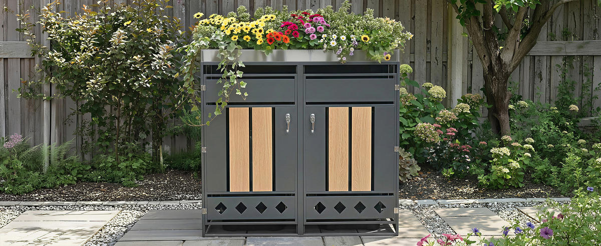 MÜLLTONNENBOX 2 Türen Holzoptik vertikal - Grau, Metall (132/124.5/80cm) - LEBENLANG