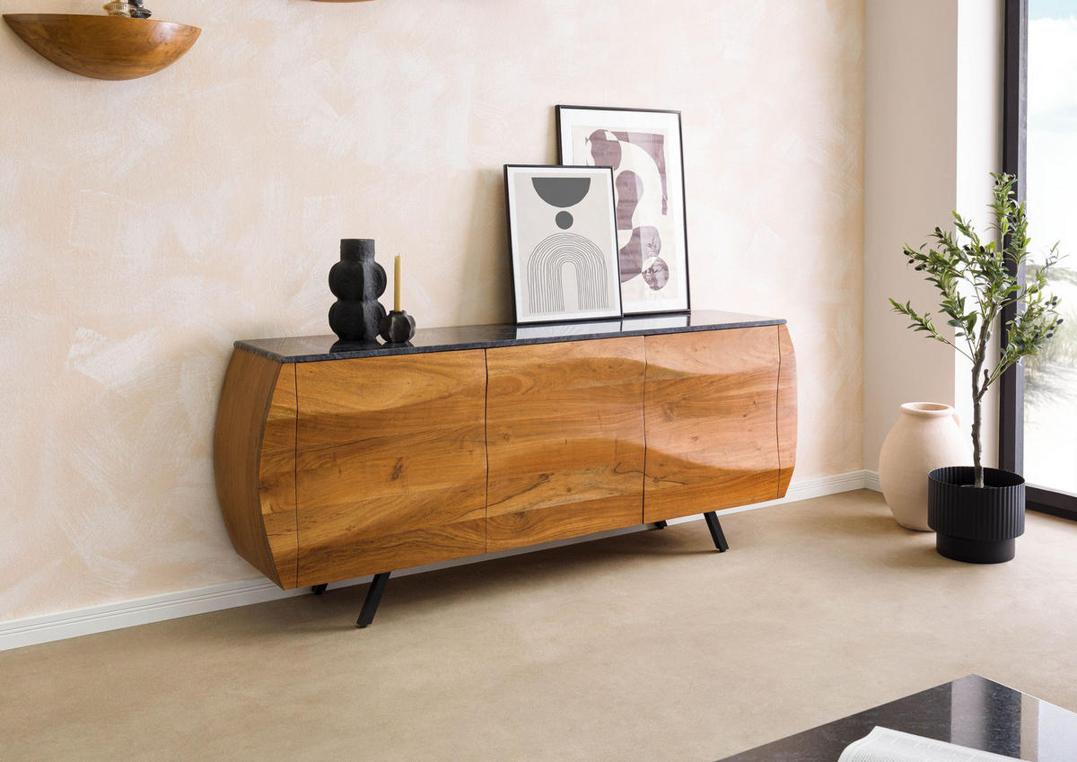 SIDEBOARD Akazie 184x40x75 natur lackiert / Marmor schwarz MONTREAL #127 - Braun, Holz (184/75/40cm) - Massivmoebel24