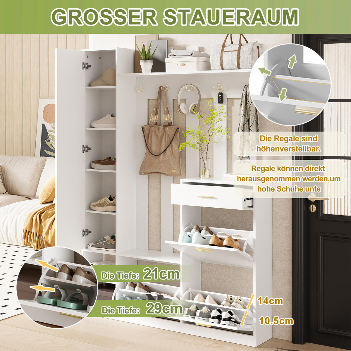 GARDEROBESET mit Spiegel Schuhschrank Haken Weiß Modern - Weiß, Holzwerkstoff (133/180/23.5cm) - FLIEKS