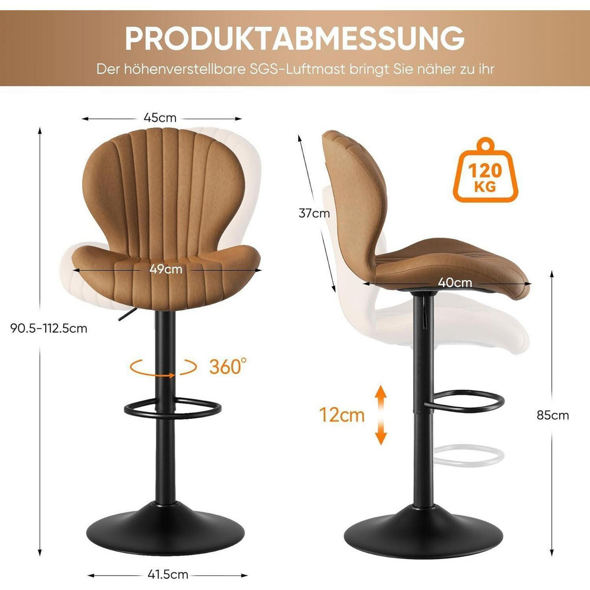 BARHOCKER 1er Set höhenverstellbar mit Lehne Stoff Braun - Braun, Textil (49/112.5/51cm)