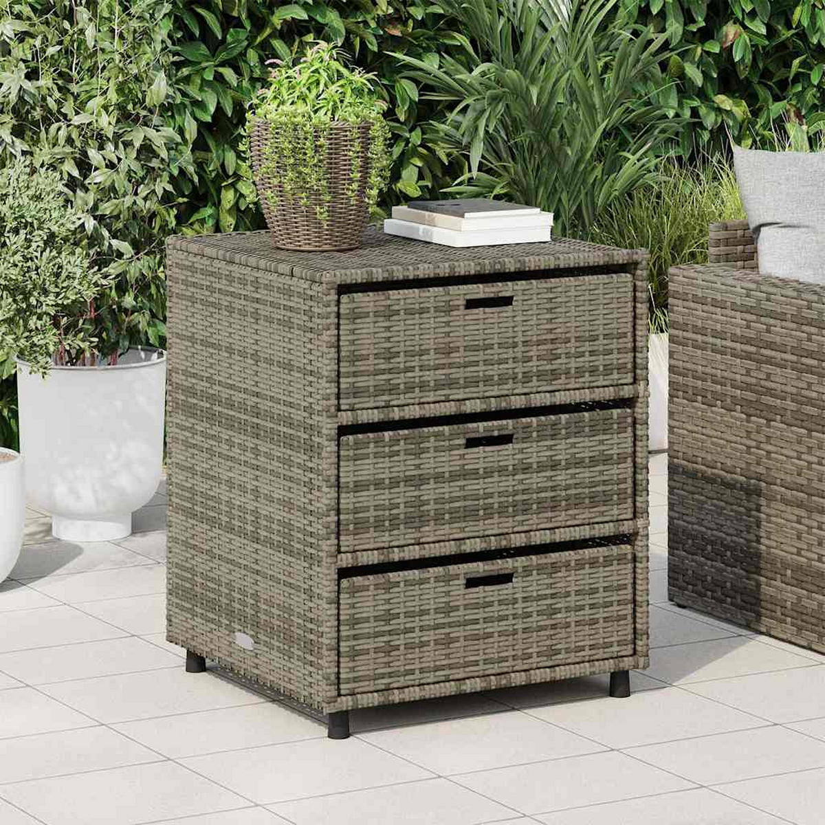 GARTENSCHRANK mit 3 Schubladen, 55/59/69 cm, aus Poly Rattan, Grau - Grau, Naturmaterialien (59/69/55cm) - vidaXL
