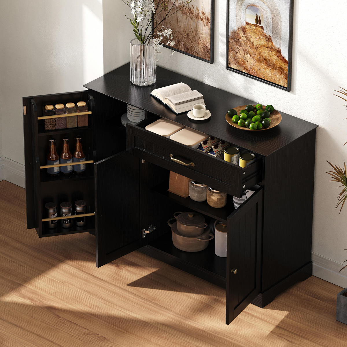SIDEBOARD mit Schublade & 3 Türen in Schwarz – moderner Stauraum - Schwarz, Holzwerkstoff (107/83.4/40cm) - BEAOK