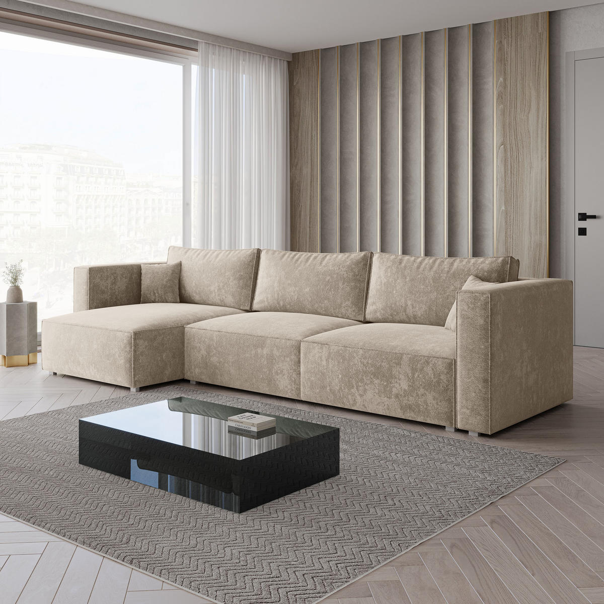 ECKSOFA TOLMO LM Creme Chenille mit Schlaffunktion - Creme, Holzwerkstoff/Textil (347/148cm) - MASSENO