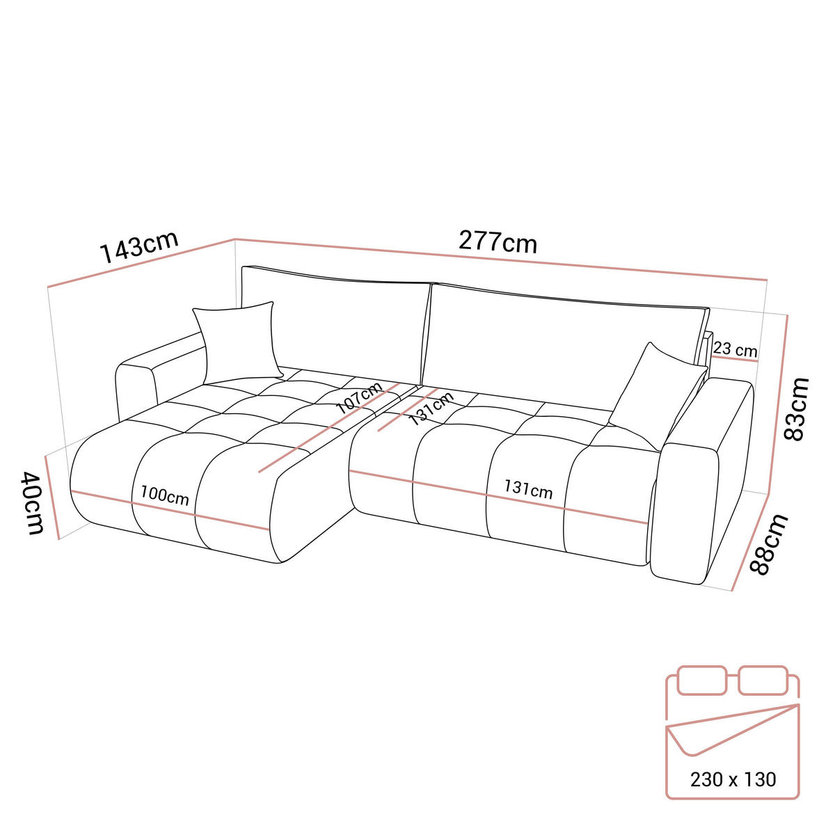 ECKSOFA Gepolstertes CLOUD mit Schlaffunktion und Bettkasten, Wind 99 - Schwarz, Textil (277/143cm) - Lookway