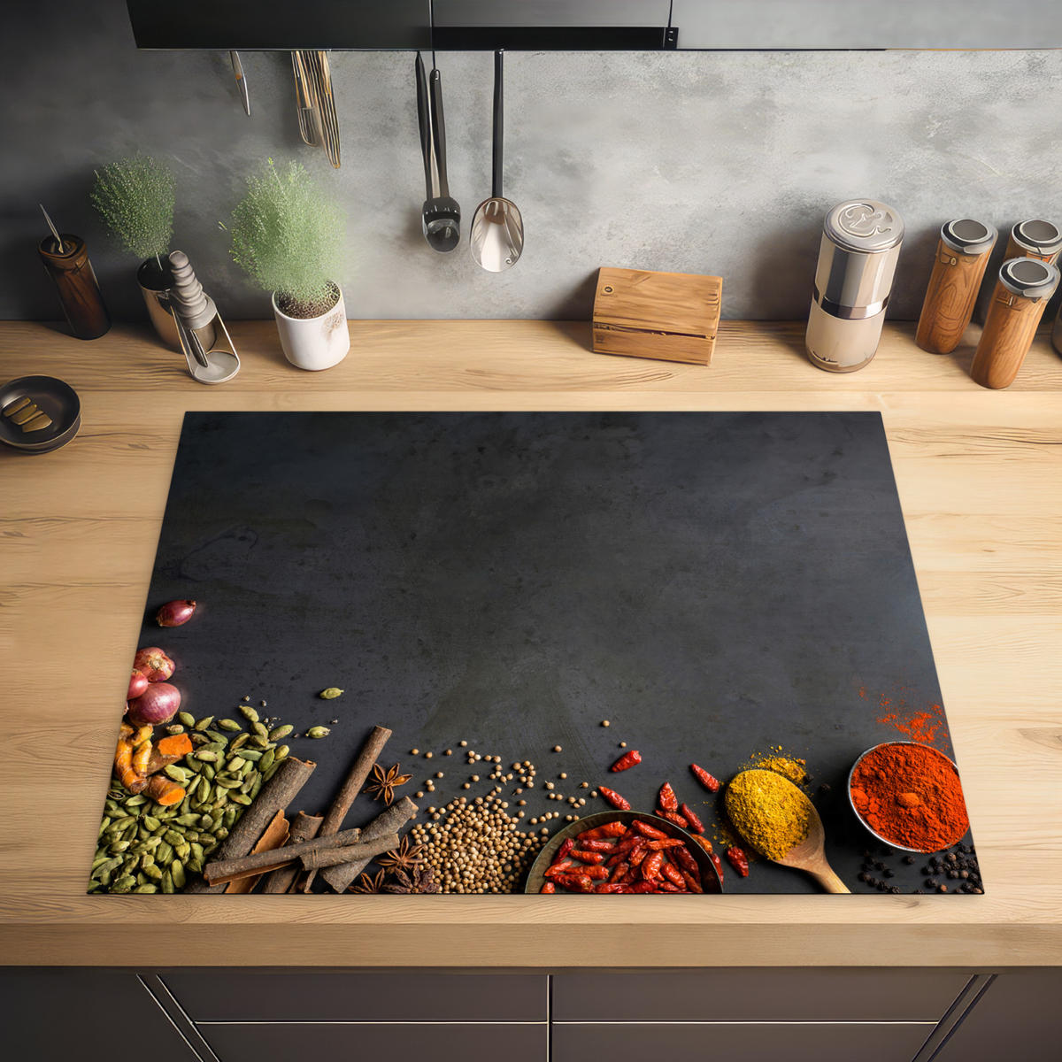 HERABDECKPLATTE - Kräuter - Lebensmittel - Gewürze - Schwarz - Paprika - Zimt - 80x55 - Currygelb, Kunststoff (80/55/0.2cm) - MuchoWow