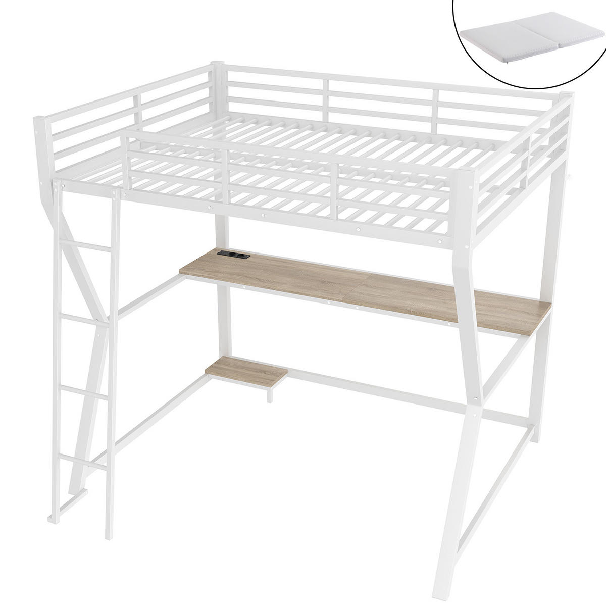 HOCHBETT 140/200 cm weiß mit LED-Leuchten und Schreibtisch mit Matratze - Weiß, Metall (140/200cm) - OKWISH