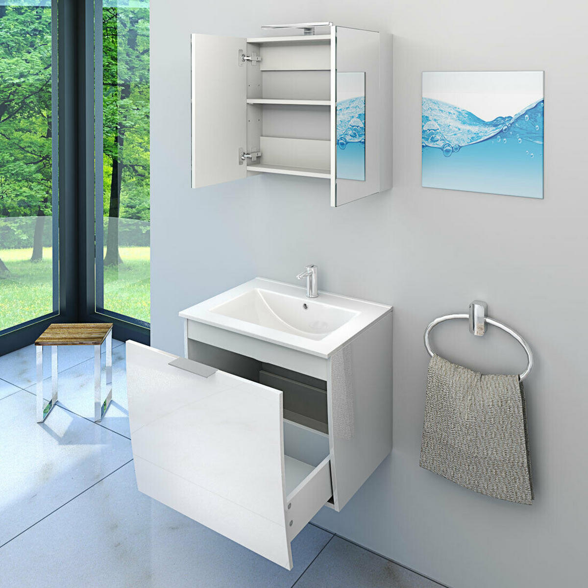 BADMÖBEL Set Gently 1 V1 Weiß MDF Waschtisch 60cm NEIN ohne LED-Beleuchtung - Weiß, Glas/Kunststoff (46/52/60cm) - AcquaVapore by Sandra Jentho