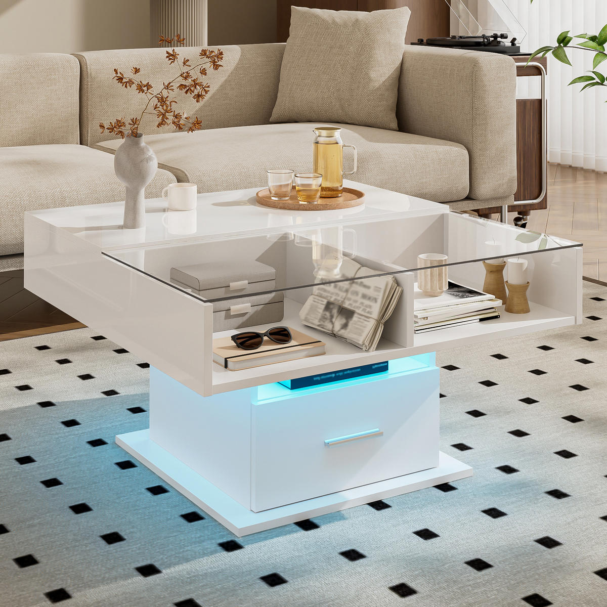 COUCHTISCH in Weiß mit LED und höhenverstellbarer Tischplatte für Wohnzimmer, B78/T78/H45 cm - Weiß, Glas/Holzwerkstoff (78/78/45.5cm) - STILVORA