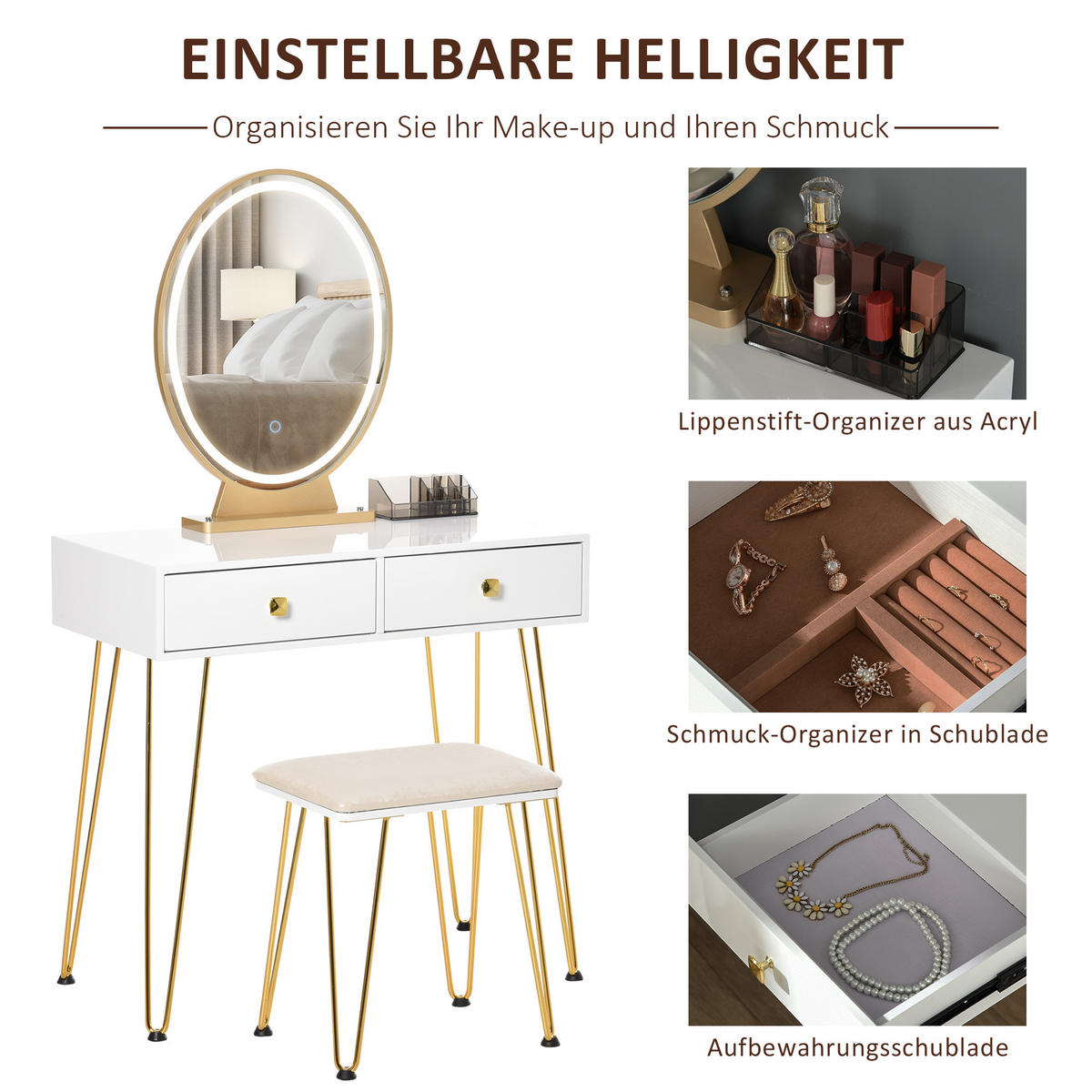 SCHMINKTISCH Kosmetiktisch mit Hocker 2 Schubladen 1 Lippenstiftraster MDF Weiß - Weiß, Holzwerkstoff (40/136/80cm) - HOMCOM
