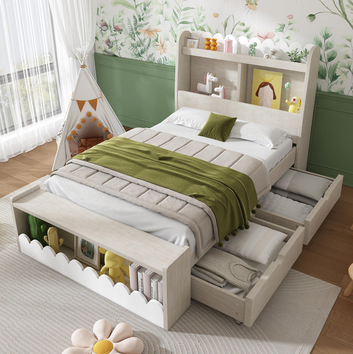 KINDERBETT 90/200 cm mit Schubladen, Regal, Sitzbank und Lattenrost - Weiß, Holzwerkstoff (90/200cm) - BEAOK