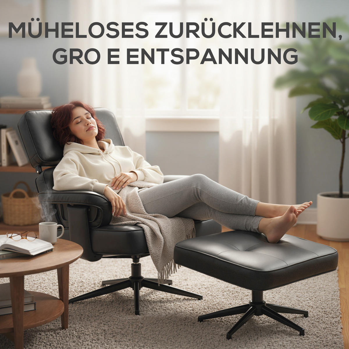 RELAXSESSEL mit Hocker Verstellbare Kopfstütze Liegefunktion Kunstleder Schwarz - Schwarz, Textil/Metall (79/89/91cm) - HOMCOM