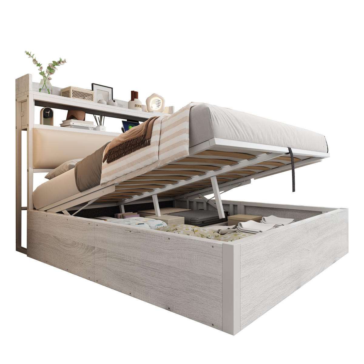 BETTRAHMEN 140/200 cm mit hydraulischer Hebevorrichtung und USB-Anschlüssen Weiß - Weiß, Metall (140/200cm) - OKWISH