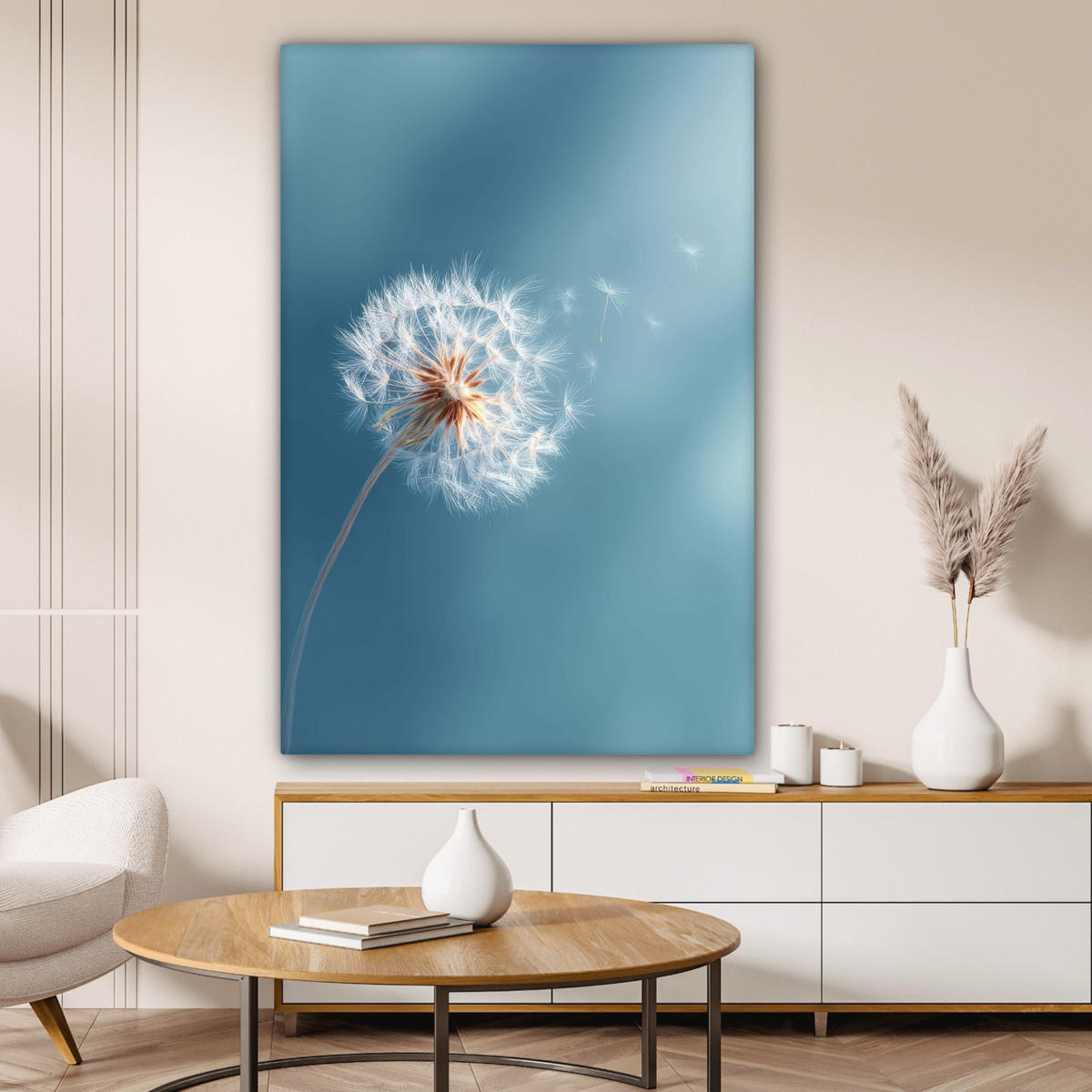 LEINWANDBILD Löwenzahn - Wind - Blau Deko XXL 80x120 cm - Blaugrau, Textil (80/120cm) - MuchoWow