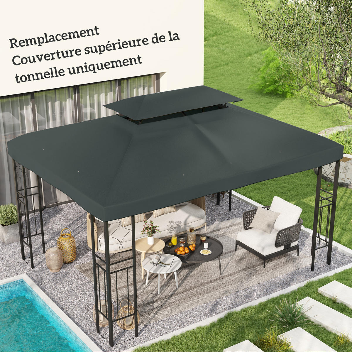 ERSATZDACH für Pavillon DE-12568 3x4 m mit Doppeldach Grau - Grau, Textil (400/1/300cm) - ComfortXL