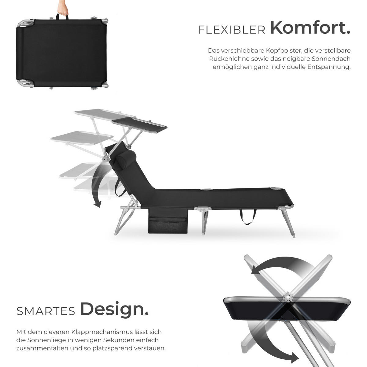 SONNENLIEGE 2er Set Chloé,190 x 68 x 28 cm, mit Seitentasche,schwarz - Schwarz, Kunststoff (68/111/161cm) - tectake