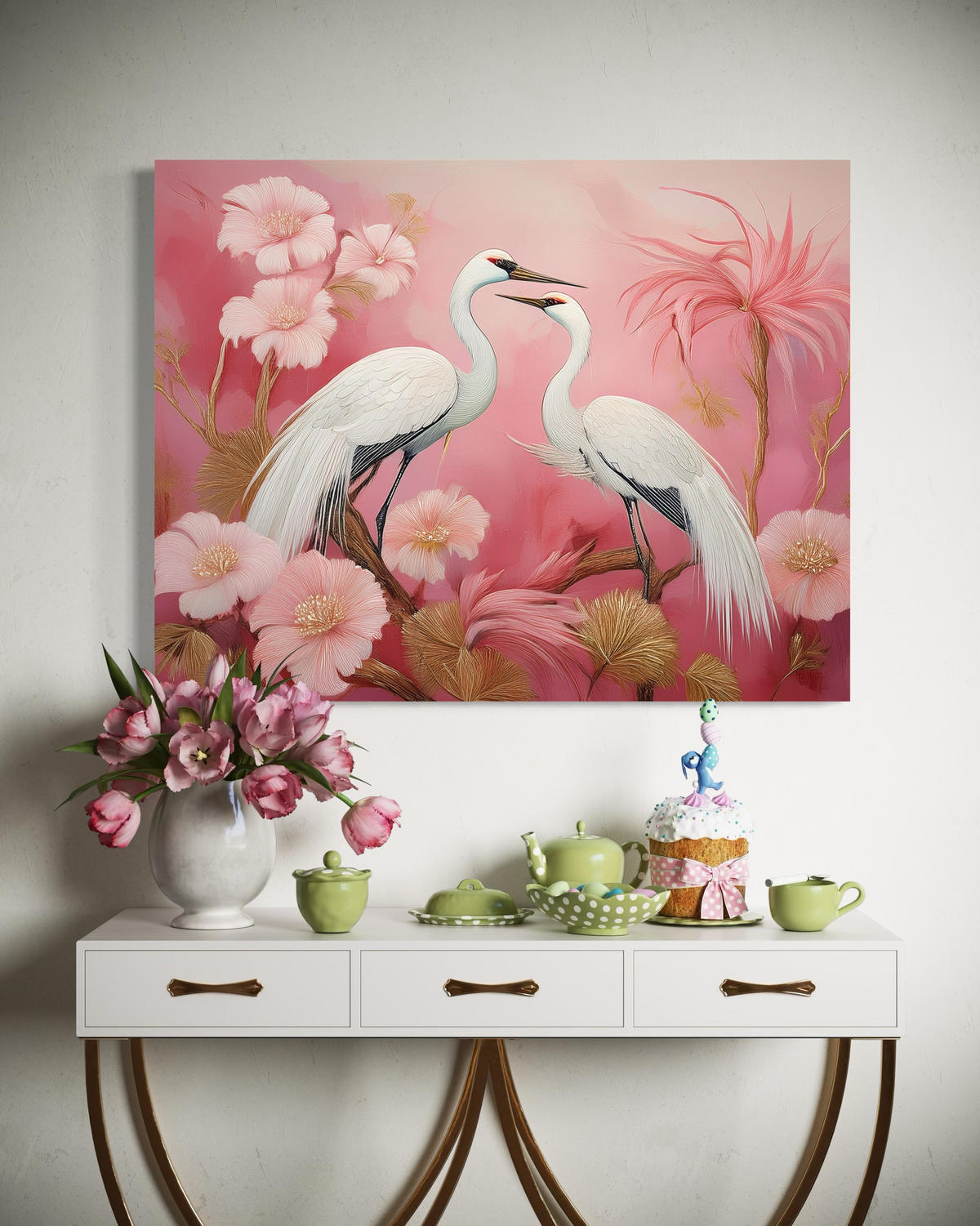 WANDBILD kraniche vögel blumen - Pink, Textil (60/40cm) - Feeby