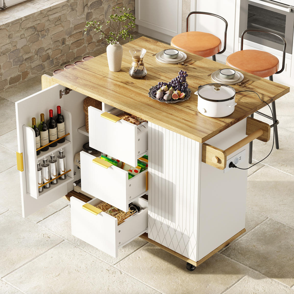 KÜCHENWAGEN in Weiß Kücheninsel aus Rollen mit ausklappbarer Arbeitsplatte & Stromanschluss, 134×46/74×88cm(B x T x H) - Weiß, Holzwerkstoff/Metall (134/88/46cm) - STILVORA