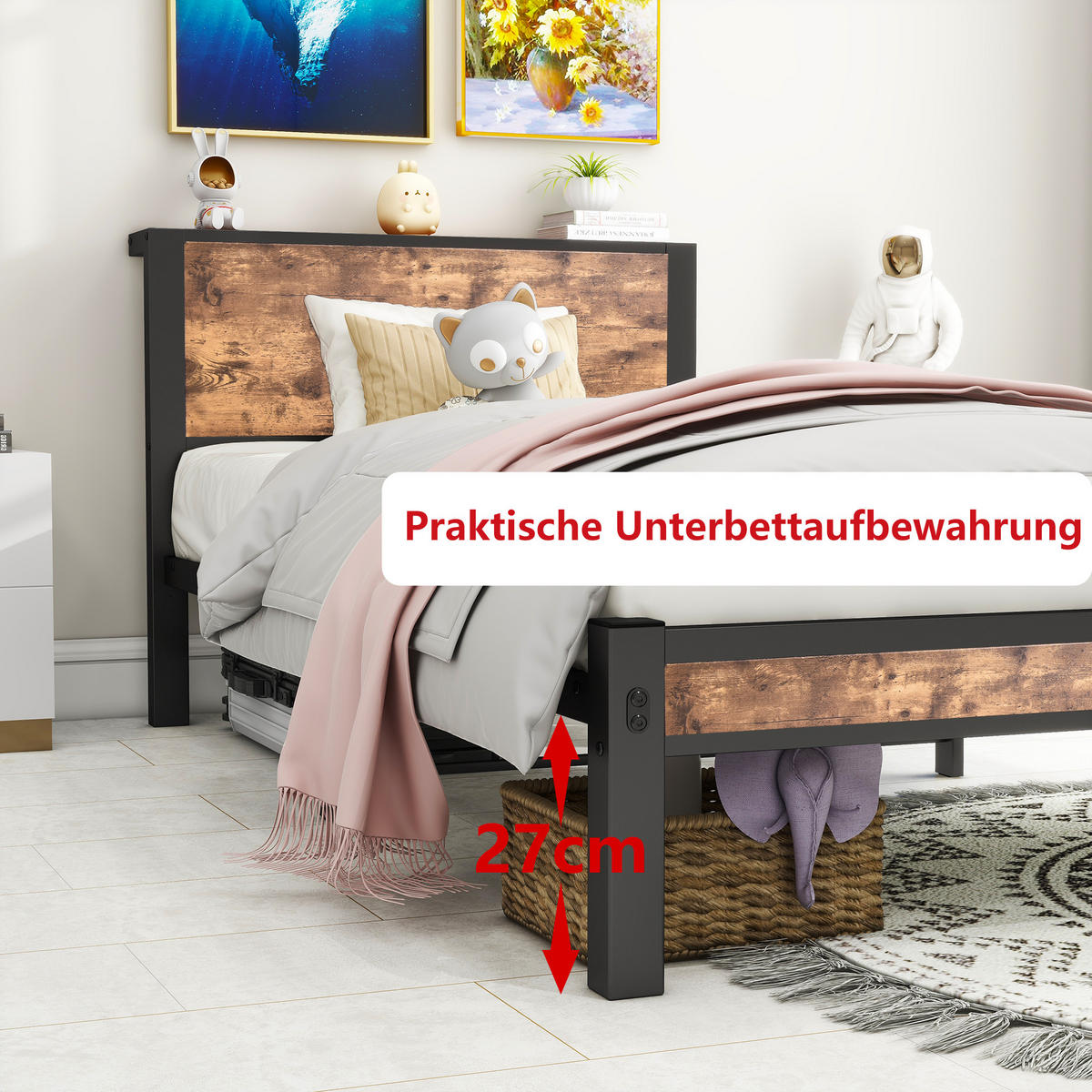 METALLBETT 90x200 cm Stauraum Kopfteil braun - Dunkelbraun, Holzwerkstoff (90/200cm) - LEBENLANG