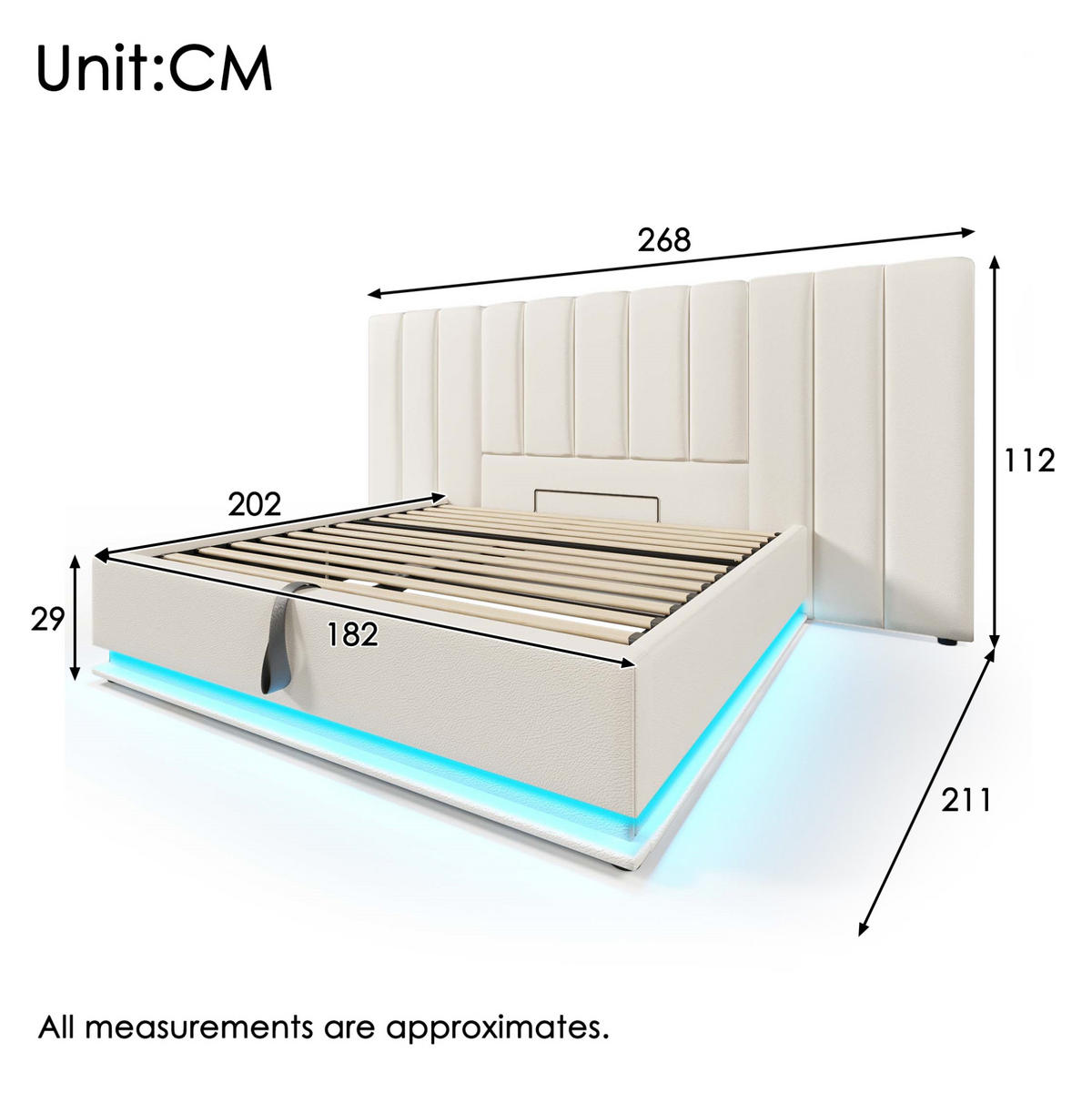 BETT mit Stauraum, LED und Ladefunktion 180x200 cm PU Weiß - Weiß, Metall (180/200cm) - Meubliv