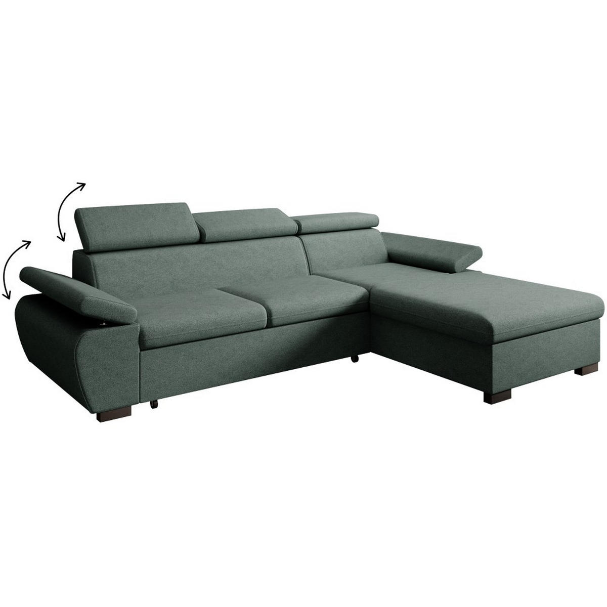 ECKSCHLAFSOFA Coco mit verstellbare Kopfstützen, dunkelgrün, rechts - Dunkelgrün, Textil (273/191cm) - Beautysofa