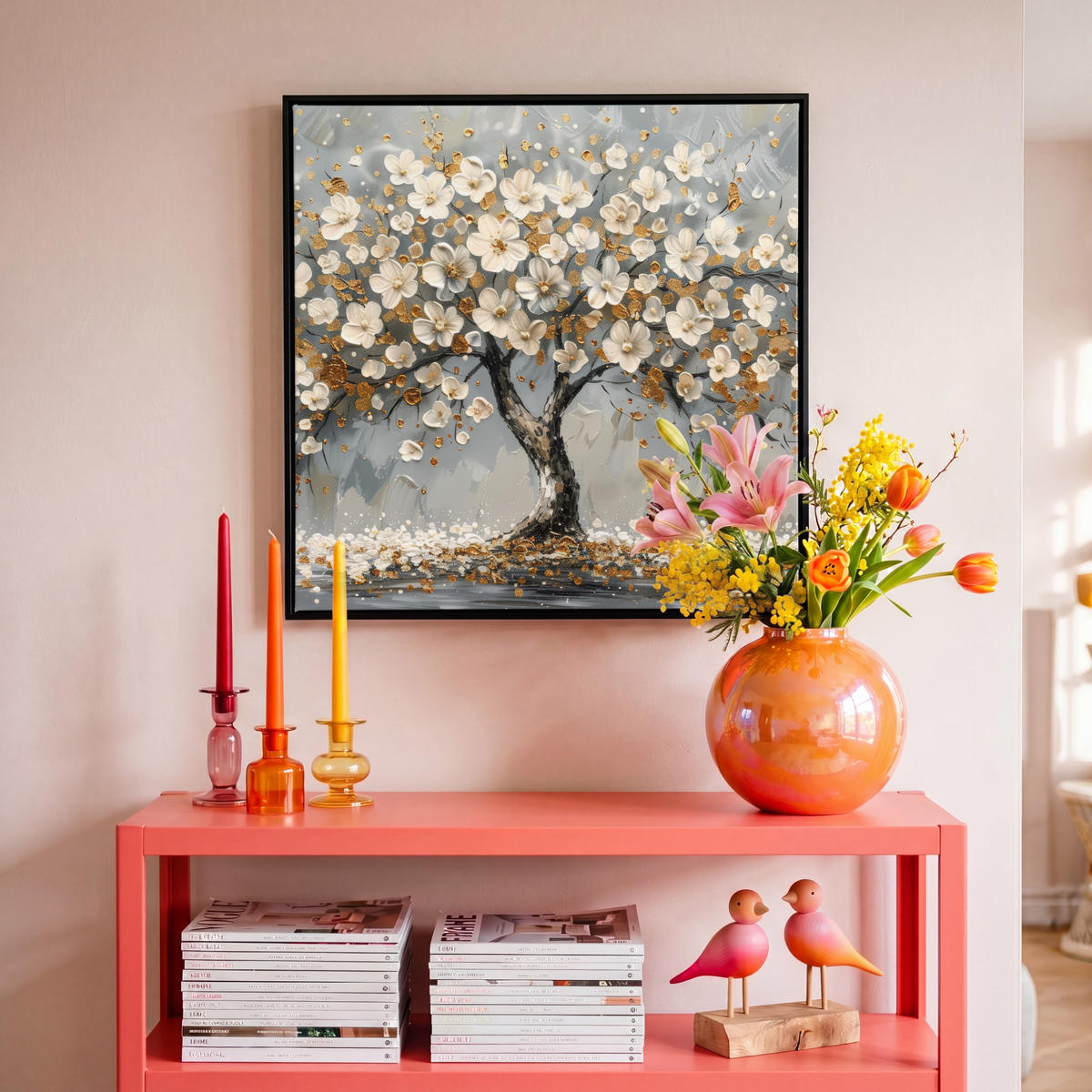 LEINWAND Bilder mit Rahmen - Baum - Blumen - Weiß - Natur - Kunst - 50x50 - Weiß, Textil (50/50cm) - MuchoWow