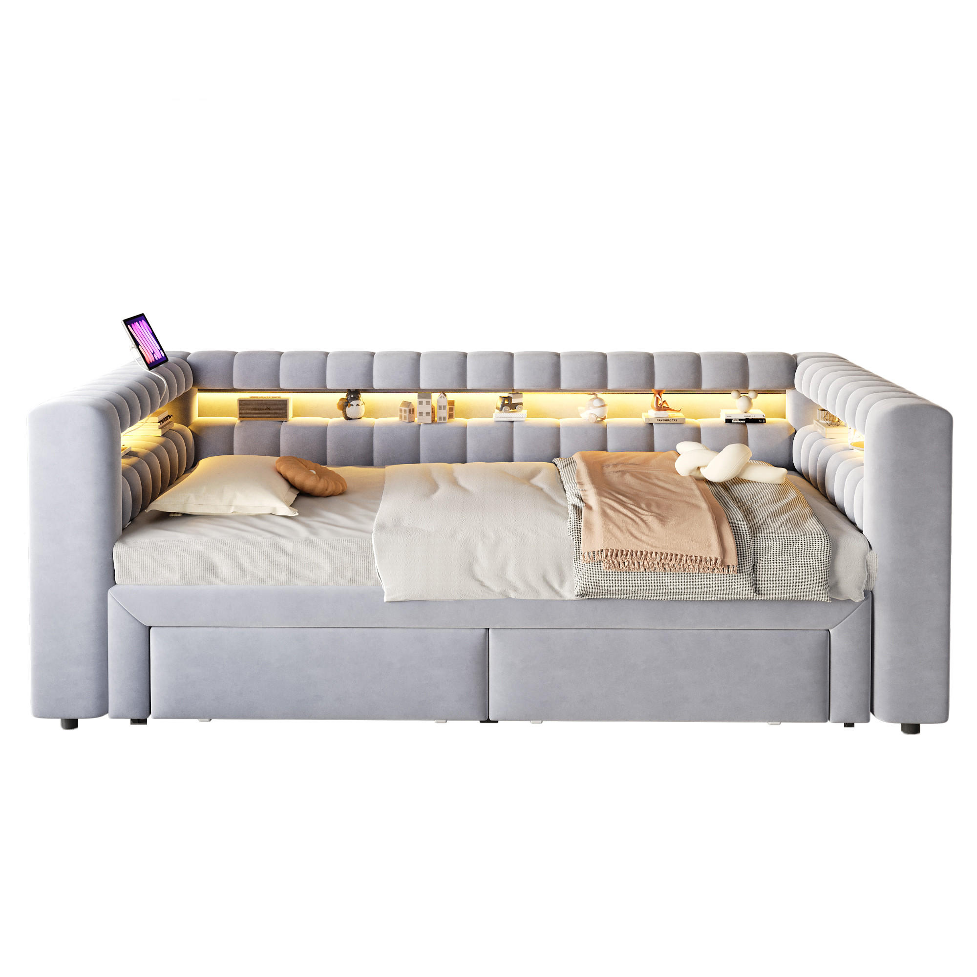 POLSTERBETT 90/180 × 190 cm mit LED, USB und Typ-C, Hellgrau - Hellgrau, Textil (180/190cm) - FLIEKS