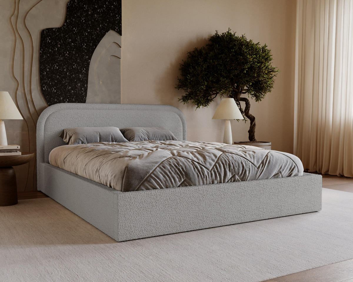 DOPPELBETT 180x200 Dune mit Bettkasten, runde Kopfteil, Bouclé, Hellgrau - Hellgrau, Holz/Textil (180/200cm) - Emporius
