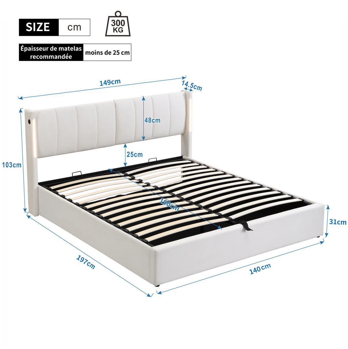 POLSTERBETT 140/190 cm aus PU mit LED-Beleuchtung, USB-Anschluss, verstellbarem Kopfteil und Bettkasten, Weiß - Weiß, Kunststoff (140/190cm) - Redom