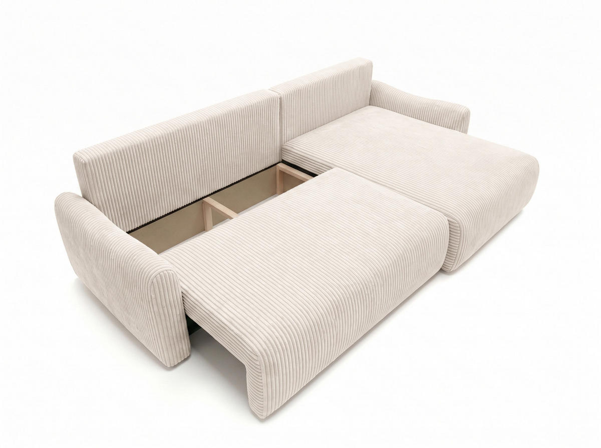 ECKSOFA Mit Schlaffunktion, Cordstoff Poso, Beige, Rechts, JAPANDI - Creme, Holz (262/145cm) - Kaiser Möbel