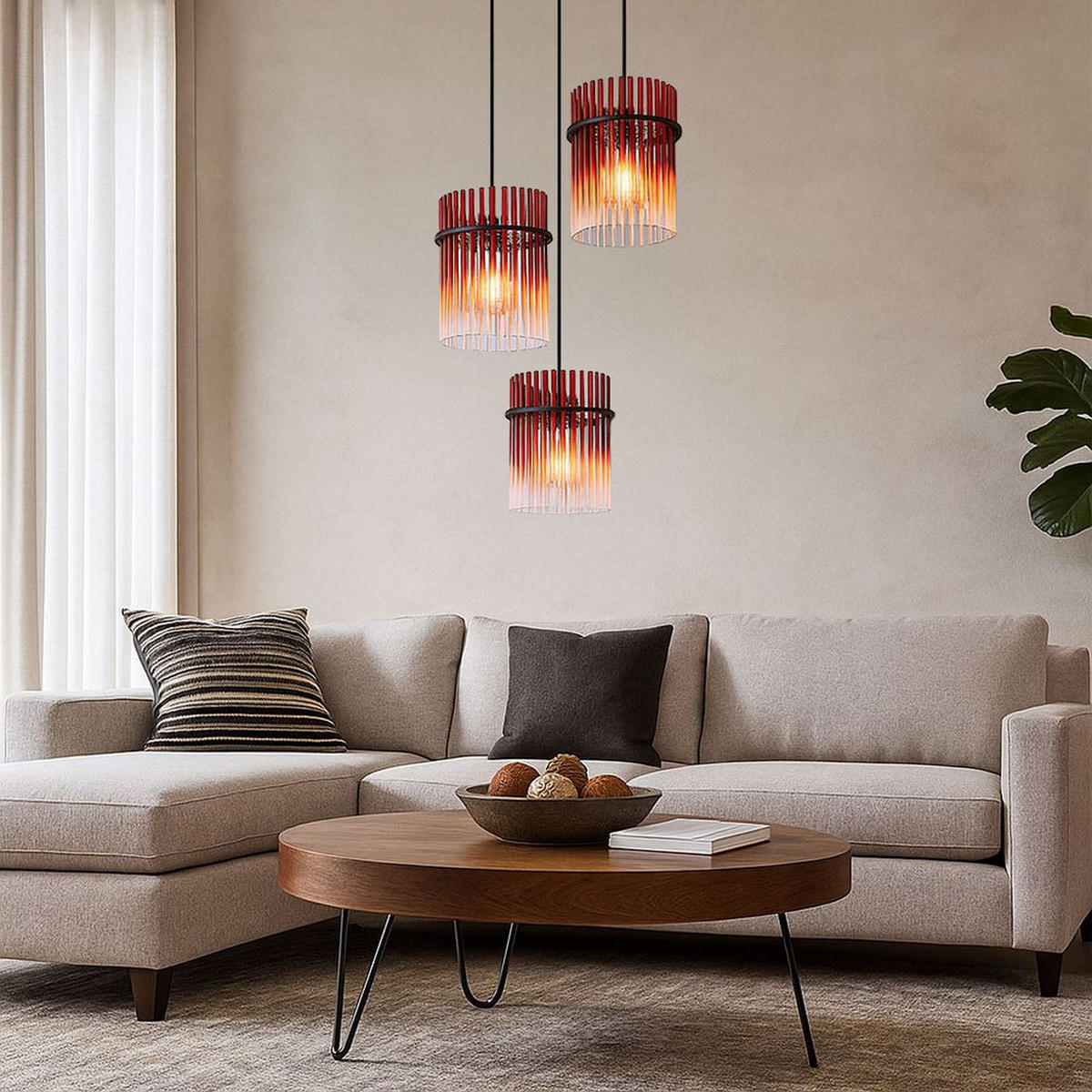 3-FLAMMIGE HÄNGELEUCHTE Metall Rot LED - Schwarz, Glas (47/47/140cm) - Globo Lighting