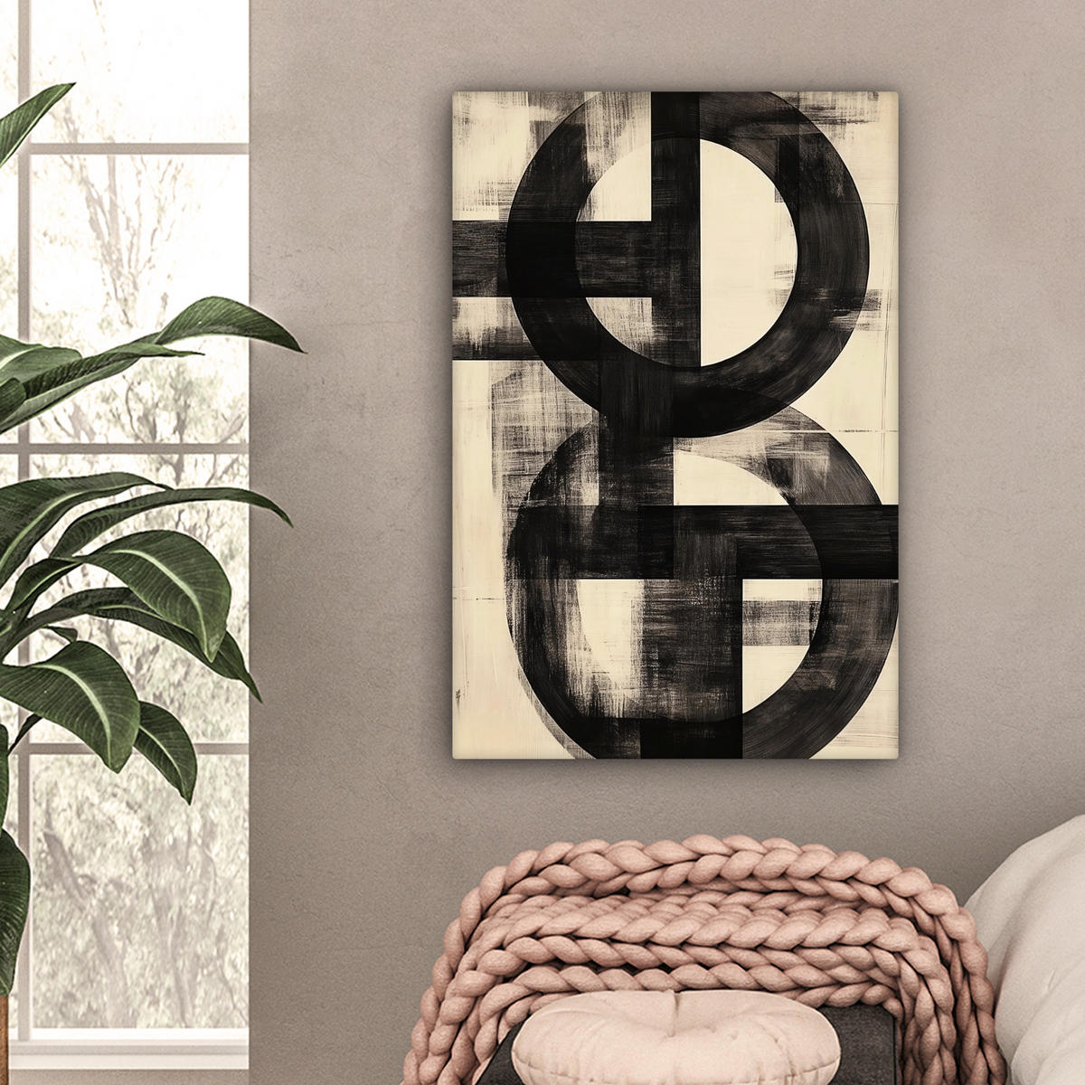 LEINWANDBILD Kreise - Balken - Schwarz - Abstrakt Wanddeko Schlafzimmer 60x90 cm - Schwarz, Textil (60/90cm) - MuchoWow