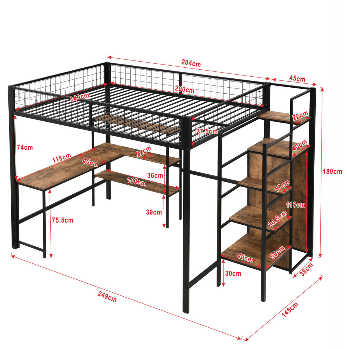 HOCHBETT 140/200 cm aus Metall und MDF mit Schreibtisch, Regalen und Kleiderschrank Schwarz/Braun - Schwarz, Metall (140/200cm) - Modenvie