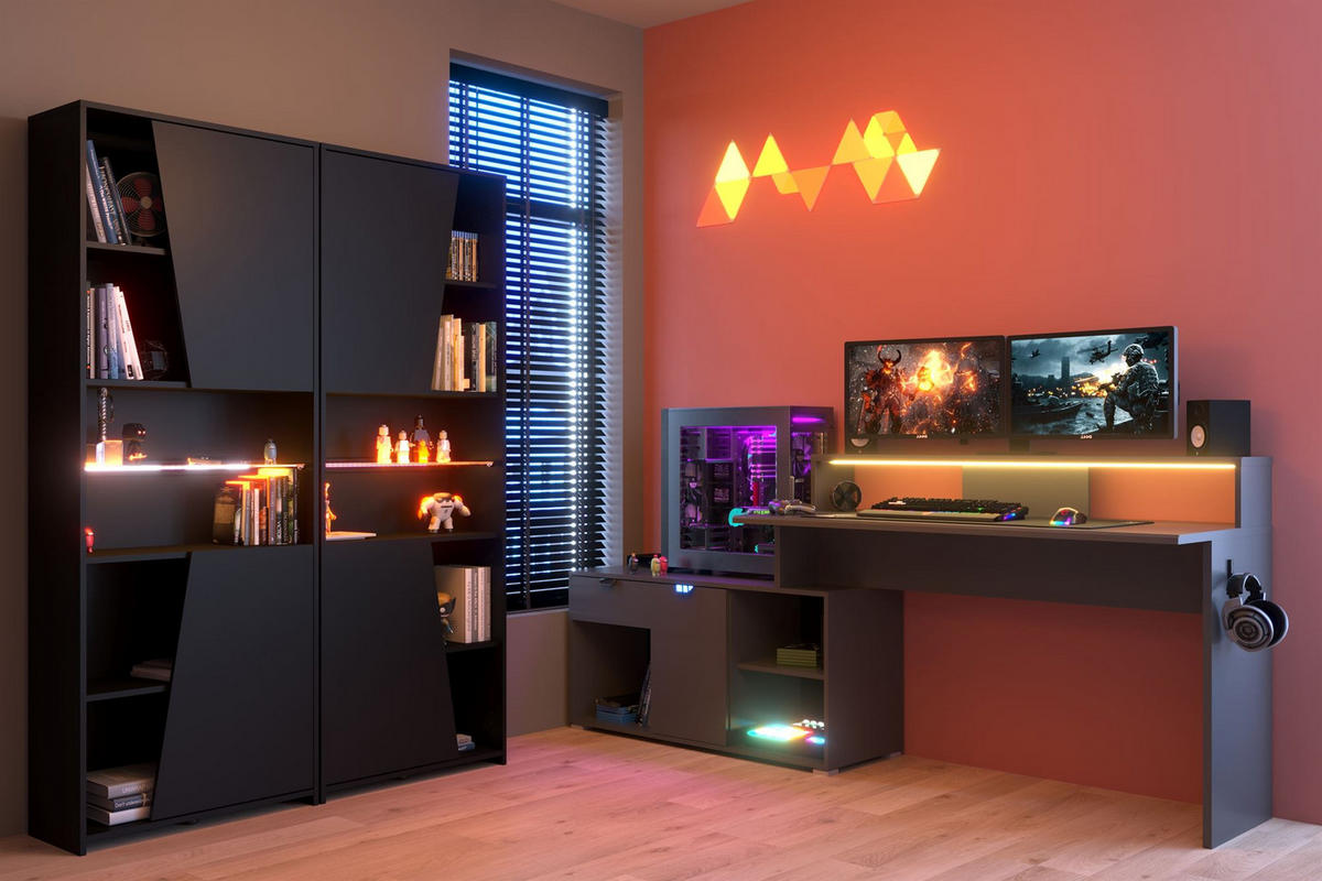 GAMING Schreibtisch Parisot Work 3-tlg. Holznachbildung Grau/Schwarz - Schwarz/Grau, Kunststoff (200/100/95cm) - 58aufmkessel