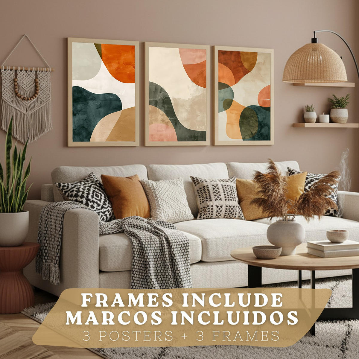 POSTER Set of 3 Abstract Shape Wall Art Prints Modern Brown Green Orange Decor for Living Room Bedroom Kitchen Bathroom Leichter Holzrahmen A4 - Beige, Papier (29.7/1/21cm) - Nacnic