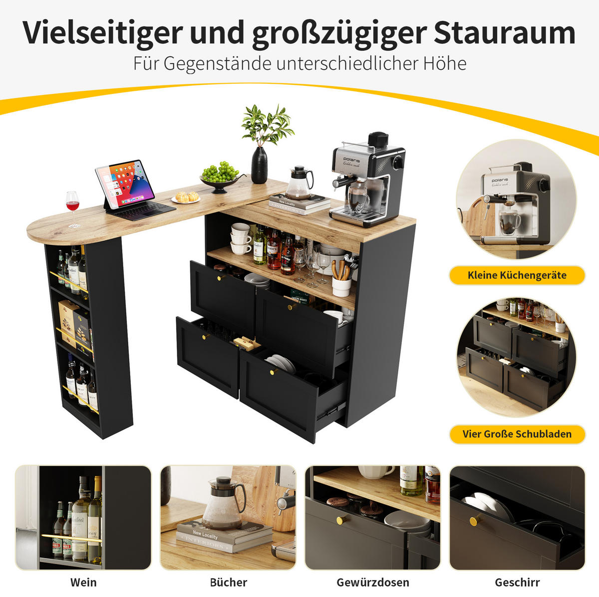 L-FÖRMIGER Schrank 105x39x102cm Schwarz mit drehbarem Seitenrahmen & 4 Schubladen - Schwarz, Holzwerkstoff (105/102/39cm) - Modfu