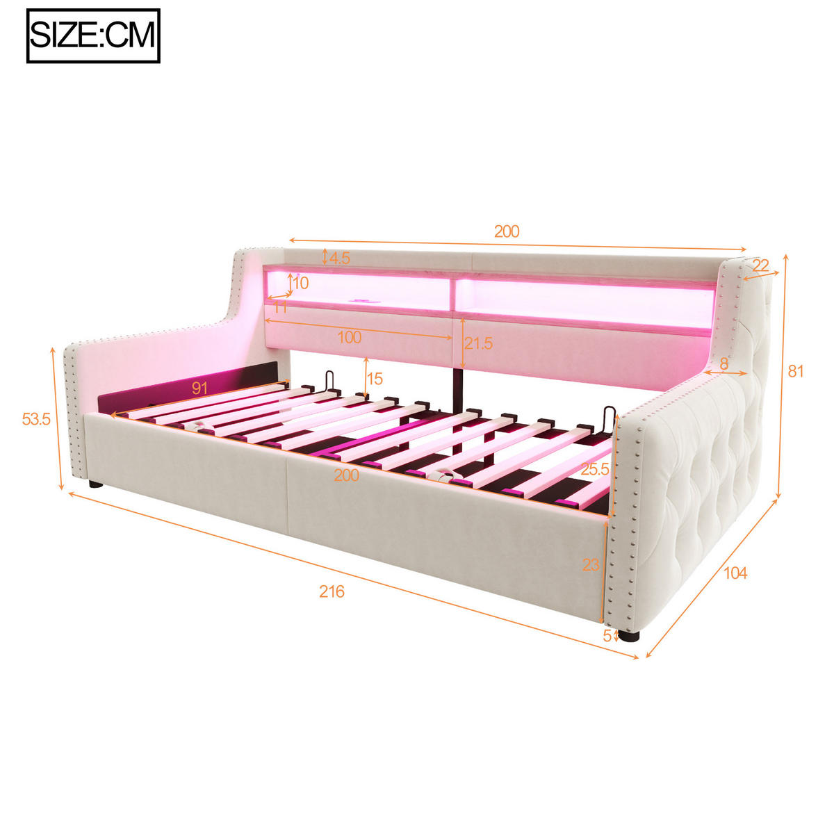POLSTERBETT 90/200 cm aus Samt mit LED, Stauraum und Lattenrost Beige - Beige, Textil (90/200cm) - Modenvie