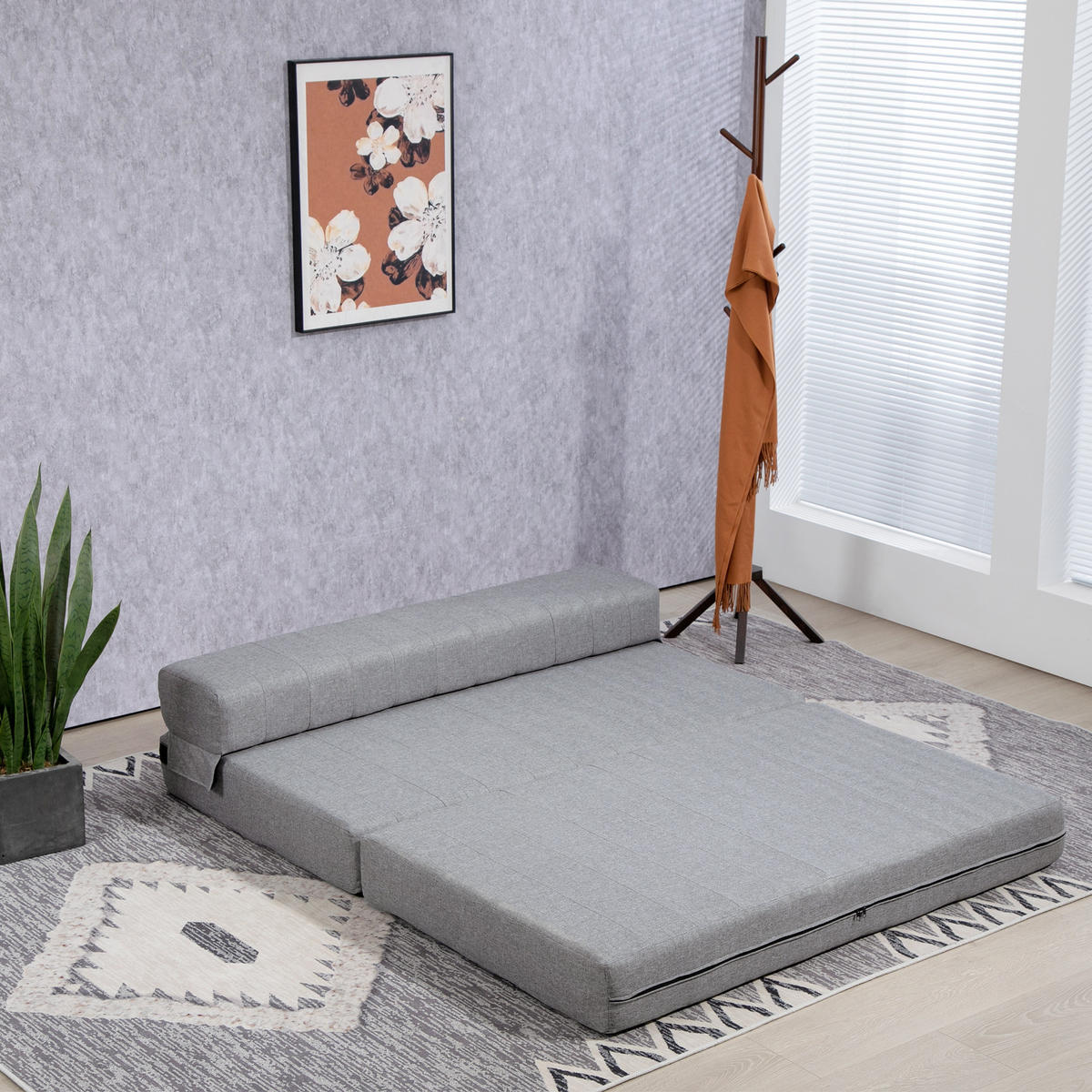 BODENSOFA 2-in-1 Klappbar Schlafsofa mit Leinenoptik für Wohnzimmer Grau - Grau, Textil (80/50/138cm) - HOMCOM