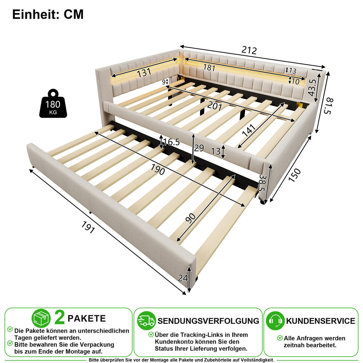 ROZKLÁDACÍ POHOVKA 140/200 cm & 90/190 cm v béžové barvě s LED, USB a Type-C - béžová, kov/kompozitní dřevo (140/200cm) - CHICFURN