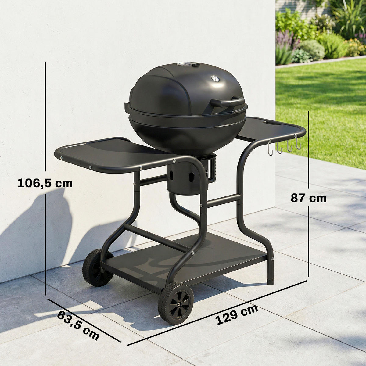 HOLZKOHLEGRILL mit Seitentischen Metall Schwarz - Schwarz, Metall (63.5/106.5/129cm) - Outsunny
