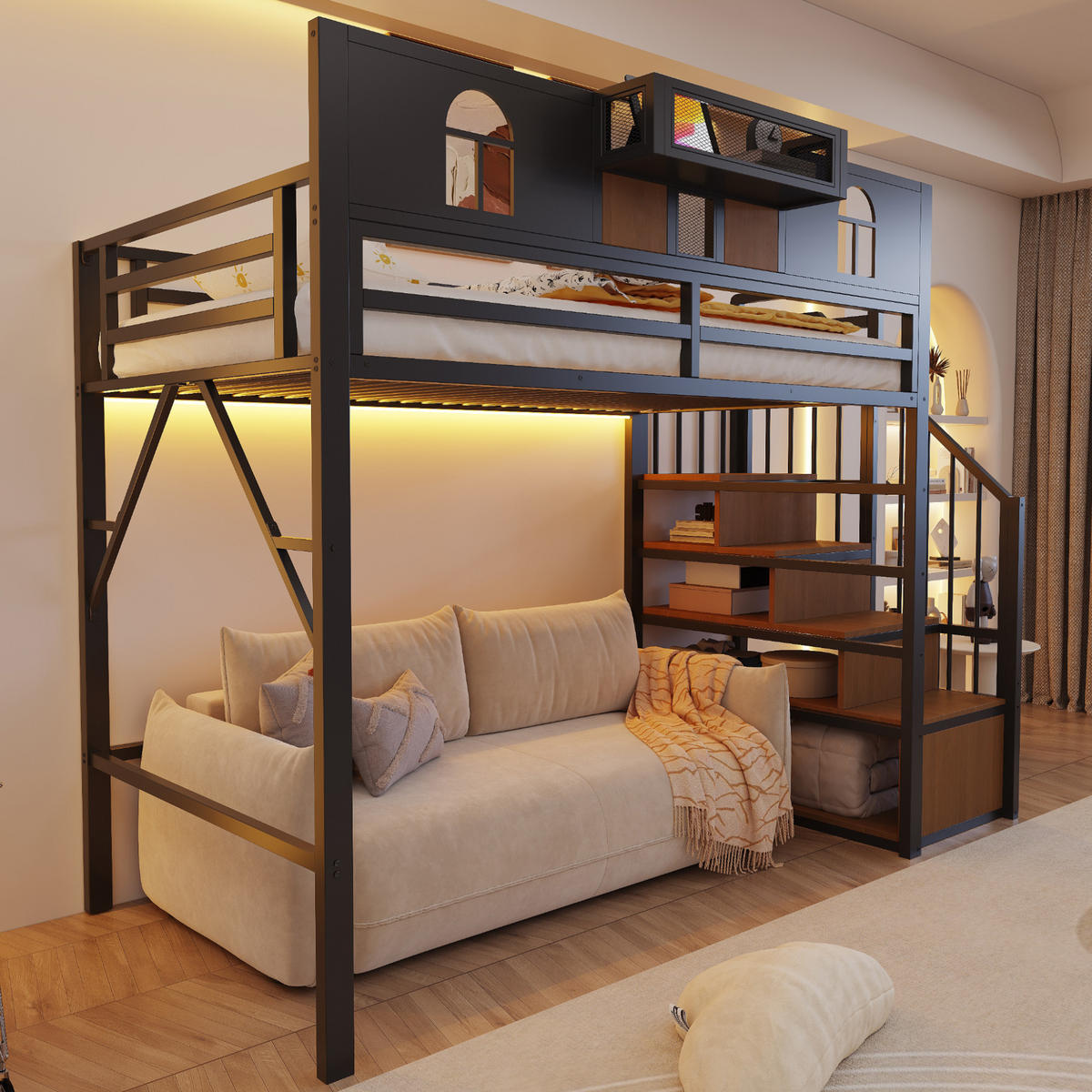 HOCHBETT 90/200 cm in Schwarz mit Ablagefach, Stauraumleiter und Lichtleiste aus Metall und MDF - Schwarz, Metall (90/200cm) - STILVORA