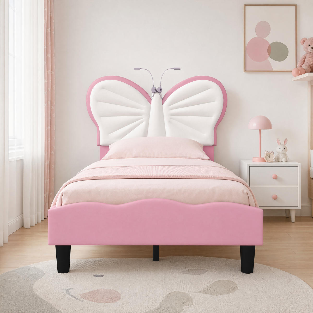 POLSTERBETT 90x200cm rosa/weiß Schmetterling, Leselampe, Kopfpolster - Pink/Naturfarben, Leder/Holz (90/200cm)