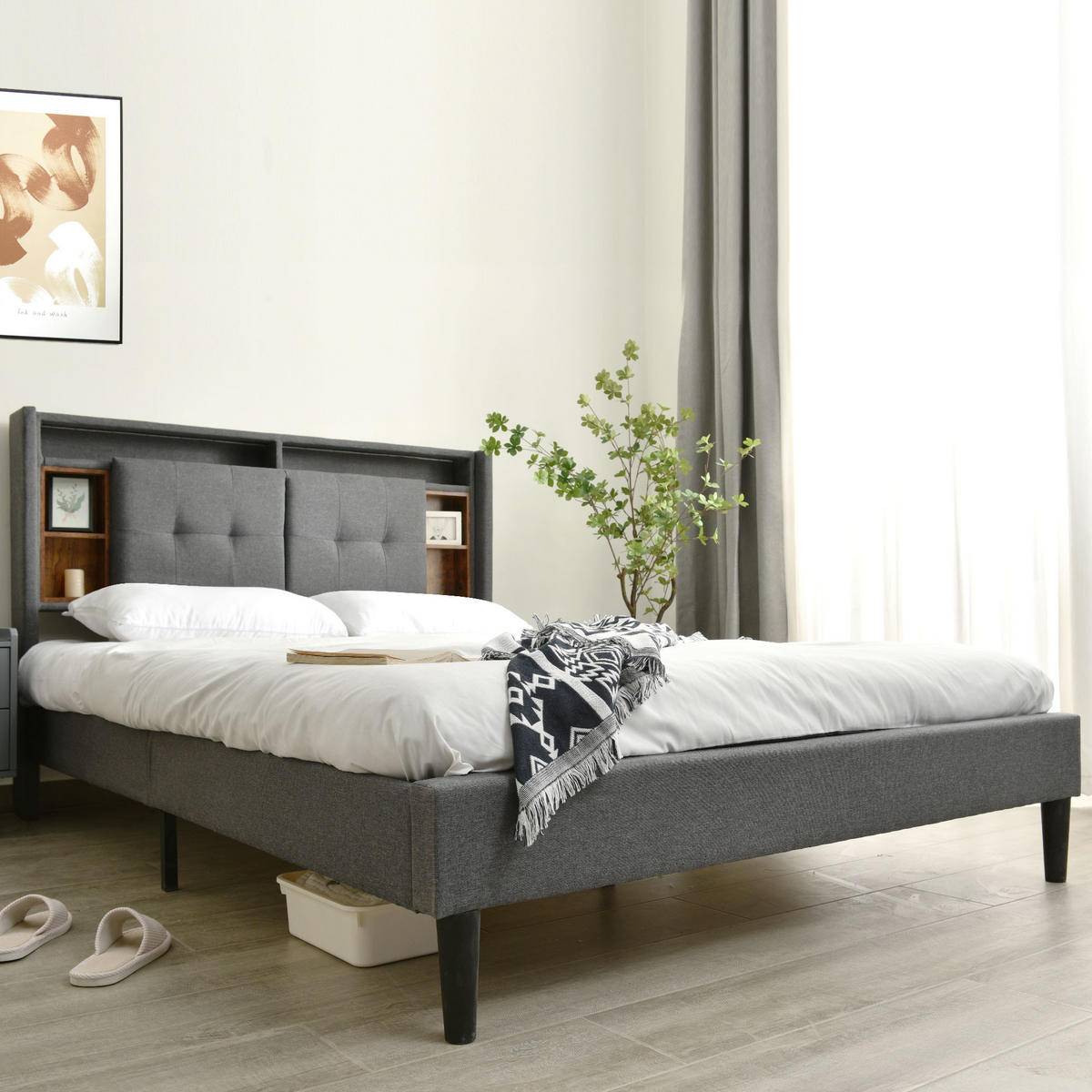 POLSTERBETT 140/200 cm mit Stauraum-Kopfteil, LED & USB/Steckdosen, Grau - Grau, Holz (140/200cm) - Redom