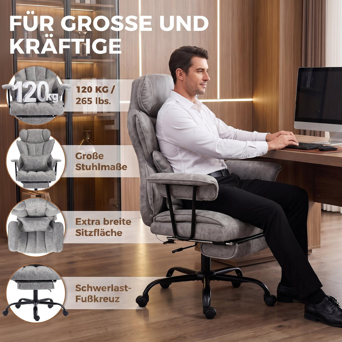 KONTORSSTOL Leathaire Grå - Svart/Grå, Textil/Plast (77/126/76cm) - HOMCOM