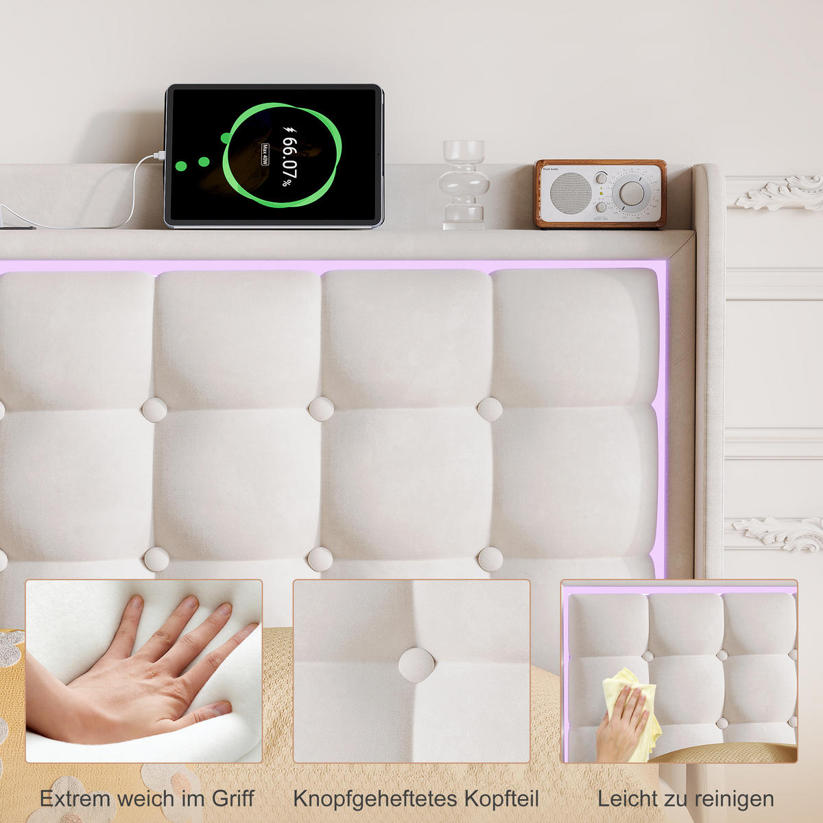 POLSTERBETT 140x200 cm mit LED und USB, Doppelbett mit Lattenrost und Kopfteil, Samtbezug, Weiße - Weiß, Holzwerkstoff/Textil (140/200cm) - GENKI LIVING