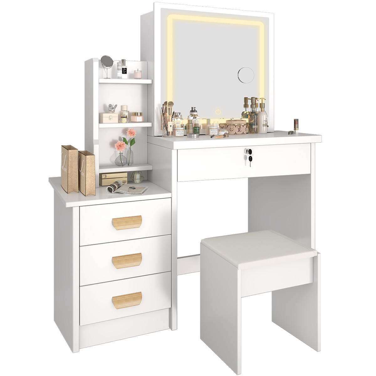 SCHMINKTISCH mit LED-Spiegel und Hocker, 87 L x 36 T x 136 H cm, 3 Beleuchtungsmodi, mit 4 Schubladen und 7 Ablagen, Weiß - Weiß, Holzwerkstoff (36/136/87cm)