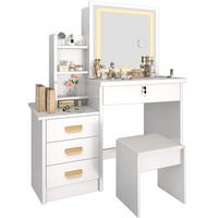 SCHMINKTISCH mit LED-Spiegel und Hocker, 87 L x 36 T x 136 H cm, 3 Beleuchtungsmodi, mit 4 Schubladen und 7 Ablagen, Weiß - Weiß, Holzwerkstoff (36/136/87cm)