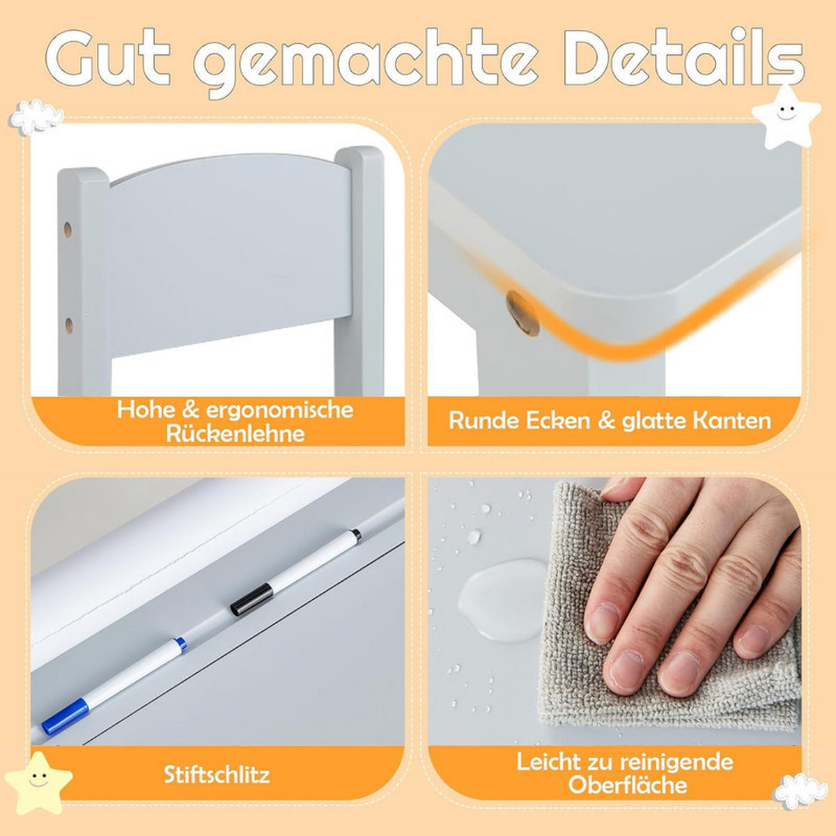 KINDERSCHREIBTISCH mit Stuhl grau(2-tlg) - Grau, Holzwerkstoff (66/58/40cm) - COSTWAY