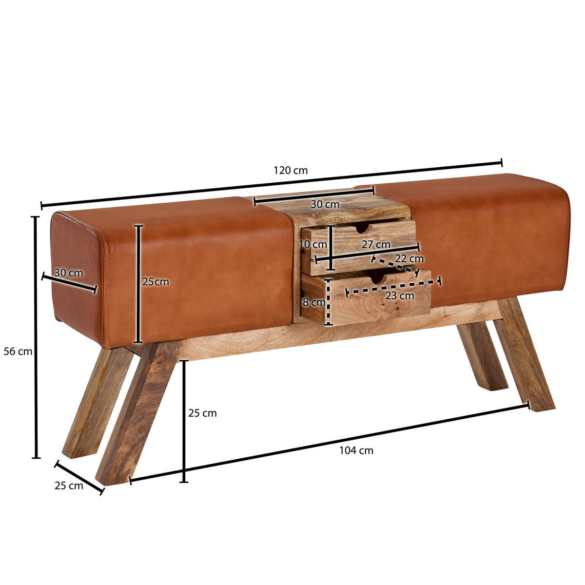 SITZBANK Massivholz Stoffbezug mit 2 Schubladen, Braun 120x30x56 cm - Braun, Mangoholz/Leder (120/56/30cm) - KADIMA DESIGN