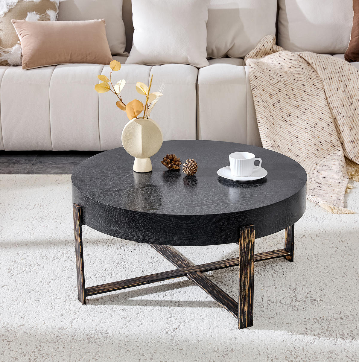 COUCHTISCH aus MDF und Metall Ø68x36 cm in Schwarz mit Kreuzgestell - Schwarz, Holzwerkstoff (68/68/36cm) - Modfu